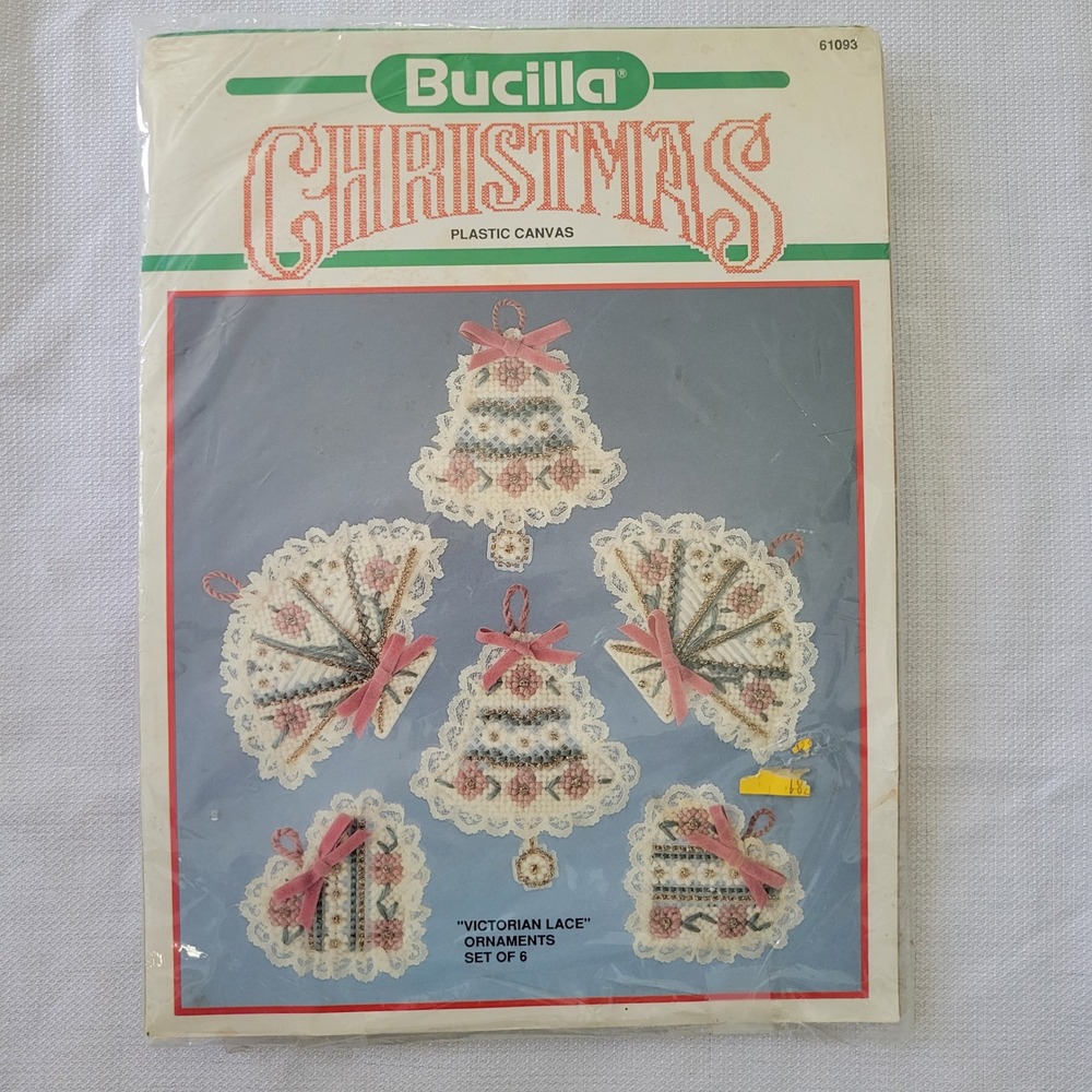 Bucilla‎ Plastic Canvas Kit Pink Victorian Lace Ornaments 61093 Set of 6 Grandma